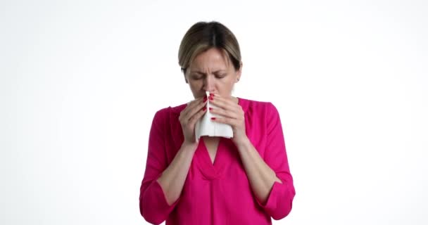 Woman Coughing Blood Hands Holding Tissue Paper Blood Hemoptysis Coughing — Stock Video