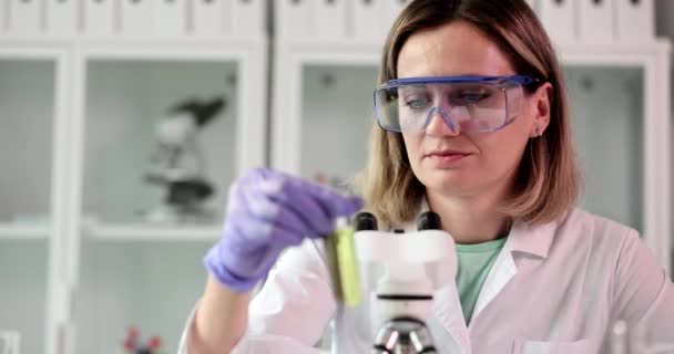 Wissenschaftler Untersucht Reagenzgläser Mit Rohöl Und Mineralölprodukten Aufmerksame Chemikerin Untersucht — Stockvideo