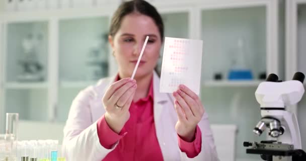 尿液Ph测试带和科学家医生特写 医生用石榴条做测试 — 图库视频影像