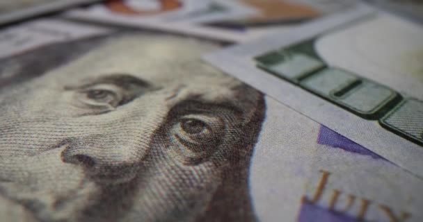 Деньги Американских Долларах Крупным Планом Банкноты 100 Долларов Мировая Экономика — стоковое видео
