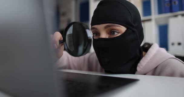Woman Hacker Balaclava Laptop Close Shallow Focus Internet Fraud Theft — Video
