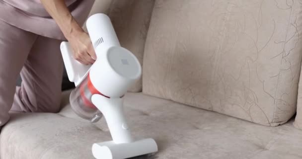 Woman Her Knees Vacuums Sofa Close Homework Cleaning Upholstered Furniture — ストック動画