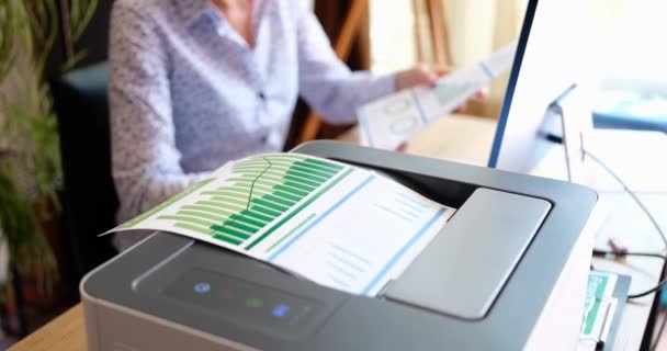 Woman Sitting Table Office Prints Report Printer Close Comparison Chart — Video