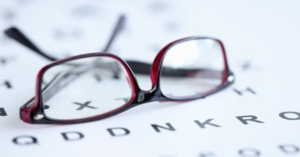 Černočervené Brýle Pro Vidění Leží Oftalmologickém Stole Výběr Koncepce Kvalitních — Stock video