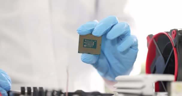 Process Engineer Puts Microchip Computer Board Process Replacing Updating Motherboard — Wideo stockowe