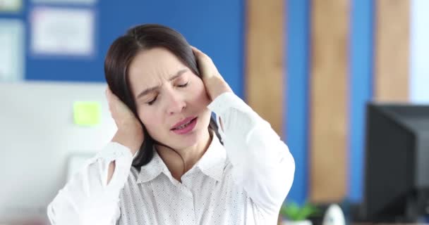 Woman Covers Ears Her Hands Shakes Head Suppression Denial Emotions — Stockvideo