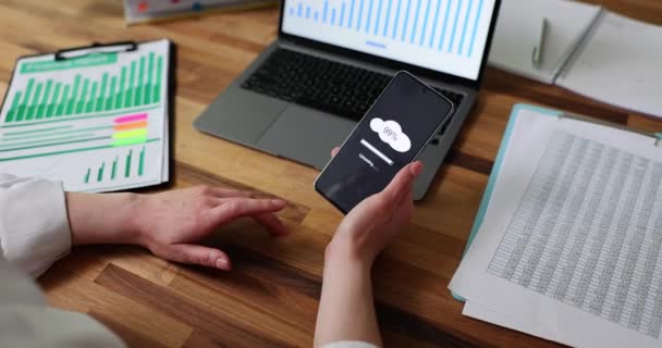 Closeup Woman Hand Cloud Download Mobile Smartphone Saving Work Files — Stock Video