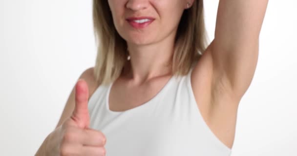 Woman Shows Smooth Armpit Thumb Feminine Hygiene Recommendations Armpit Laser — Stock Video