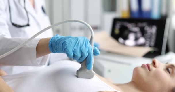 Doctor Makes Ultrasound Heart Woman Close Chest Examination Cardiovascular Disease — Vídeo de Stock