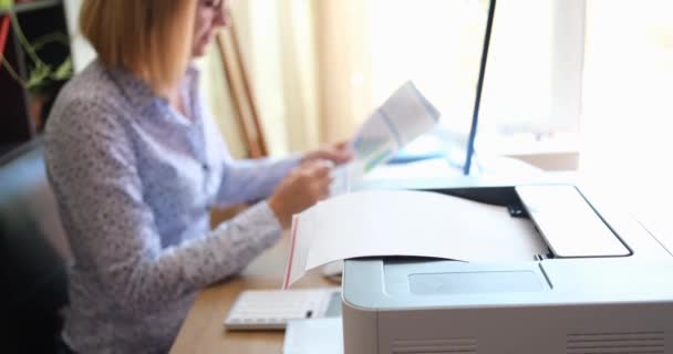 Woman Sitting Office Prints Documents Printer Close Workplace Financier Document – stockvideo