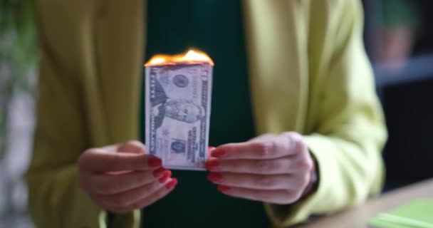 Woman Office Burns Dollars Close Inflation Depreciation Dollar Counterfeit Money — Video
