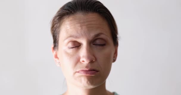 Irritated Woman Rolls Her Eyes Face Close Emotional Problems Negative — Αρχείο Βίντεο