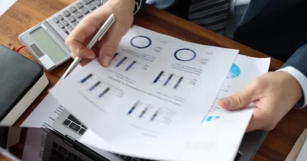 Businessman Examining Charts Documents Front Laptop Closeup Movie Business Statistics — Stock Video