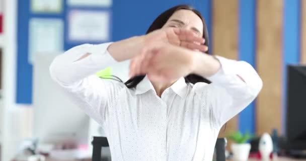 Woman Waving Her Hands Table Office Movie Slow Motion Refusal — Stock Video