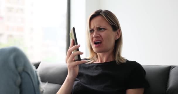 Outraged Crazy Woman Holding Gadget Looks Screen Again Woman Annoyed — Stock Video