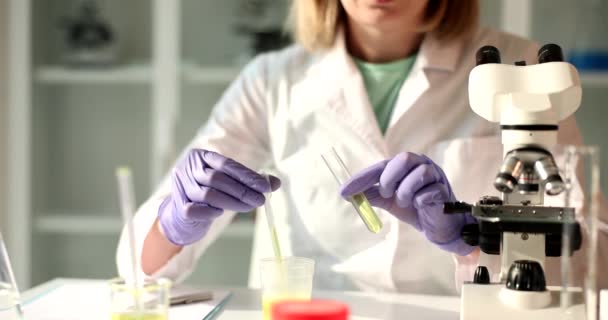 実験室内の試験管にピペットから油や尿滴のドロップ 研究室での石油製品の研究 — ストック動画