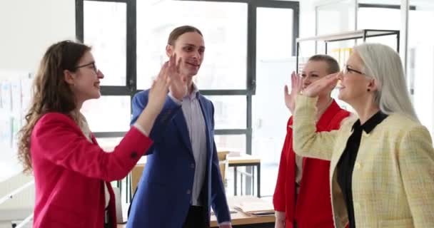 Happy Colleagues Employees Friendly Colleagues Give High Five Rejoicing Corporate — Stock Video