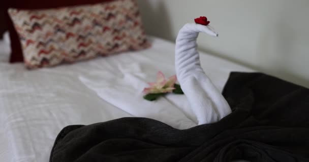 宾馆里有鲜花躺在床上的毛巾天鹅 给酒店客人的浪漫惊喜 — 图库视频影像