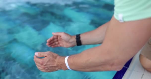 Man Both Hands Draws Water Pool Closeup Clean Fresh Water — Stock Video