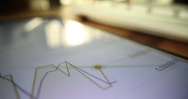 Elektronik cihaz, ofisteki istatistik tablolarını analiz etmek için finansal yönetim aygıtı kullanıyor. Grafiklerde satış verileri