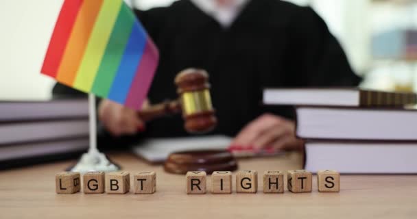 Phrase Lgbt Rights Made Wooden Cubes Female Judge Knocking Gavel — Video