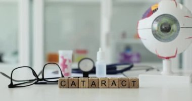Tahta küplerden yapılmış kelime Katarakt eğitim amaçlı göz küresi ve görüş için gözlük modeline karşı. Klinikteki modern oftalmoloji