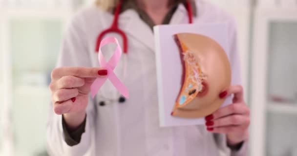 女医生持有人工模型的女性乳房和粉色丝带象征癌症的斗争 保健概念和女性身体结构慢动作 — 图库视频影像