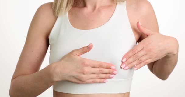 Female Person White Top Carefully Touches Chest Avoid Pain Standing — Stock Video