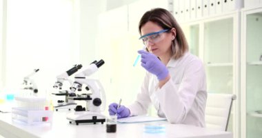 Kadın bilim adamı laboratuarda cam test tüplerini reaktörle inceliyor. Lastik eldivenler uzmanı mavi sıvıyı araştırıyor ve yavaş çekimde inceleme raporu yazıyor.
