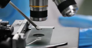 Uzman, laboratuvarda kristal granülleri mikroskop altında inceliyor. Lastik eldivenli bilim adamı yavaş çekimde bilimsel araştırma yapıyor.