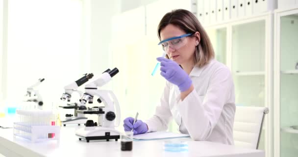女科学家在实验室用试剂检查玻璃管 橡胶手套专家对蓝色液体进行研究 并撰写慢动作检查报告 — 图库视频影像