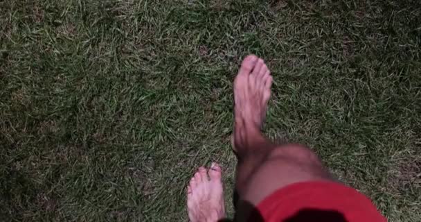 Male Person Bare Feet Walks Grass Lantern Lighting Concept Walking — ストック動画