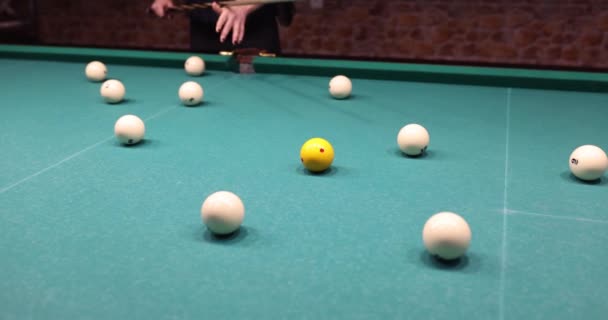 Female Player Shots Ball Push Goal Pocket Billiard Table Entertainment — Stock video