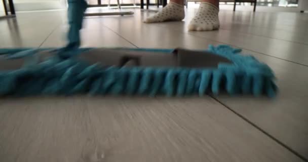 Housewife Socks Cleans Floor Fluffy Mop Room Home Woman Does — Stockvideo