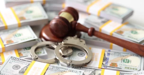 Mallet Judge Handcuff Put Packs Dollar Bills Table Judgement Corruption — Stock Video