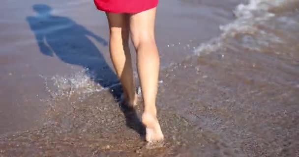 女人的腿沿着海滨走 慢动作 海滨休息的概念 — 图库视频影像