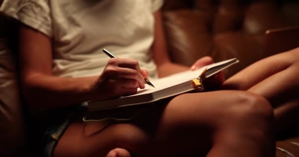 Młode Kobiece Ciało Kanapie Pamiętnikiem Szczupła Dziewczyna Pisze Wieczorem Notatniku — Wideo stockowe