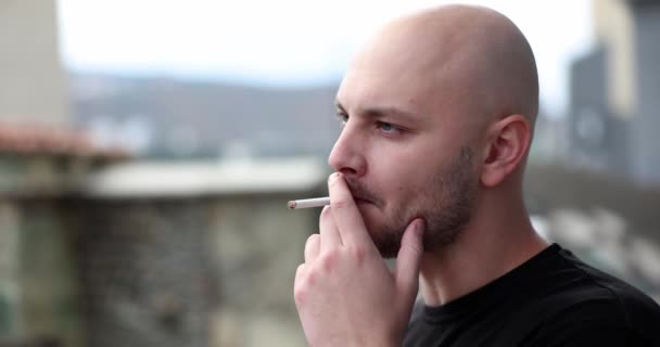 Bald Guy Bristles Smokes Cigarette Street Close Habit Harmful Health — Stock Video