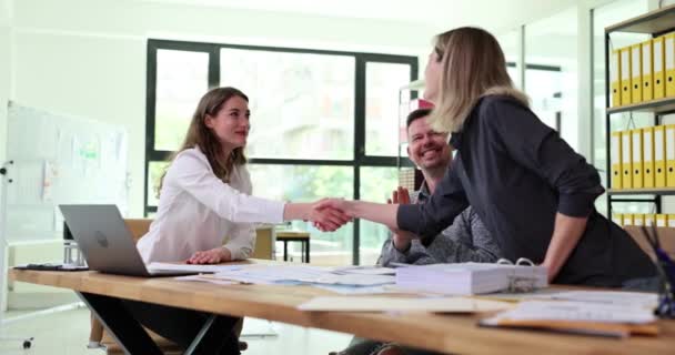 Manager Shaking Hands Successful Business Woman Meeting Colleague Applauds Team — Stock Video