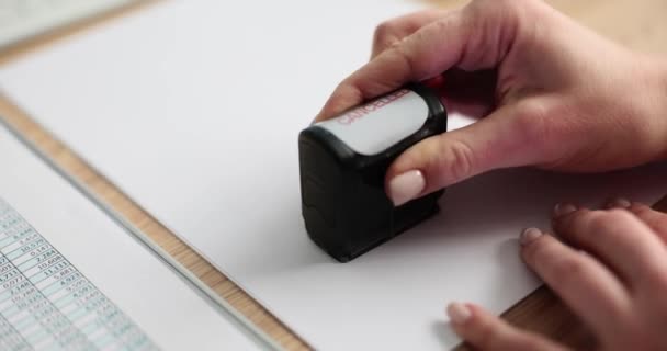 Rubber Stamp Inscription Canceled White Paper Making Decision Rejecting Client — Stock Video