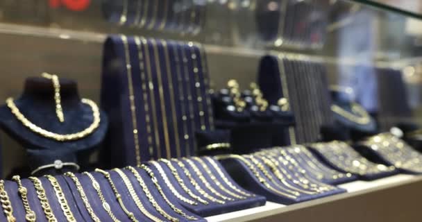 Rings Bracelets Necklaces Diamond Jewelry Display Window Luxury Retail Store — Stock Video