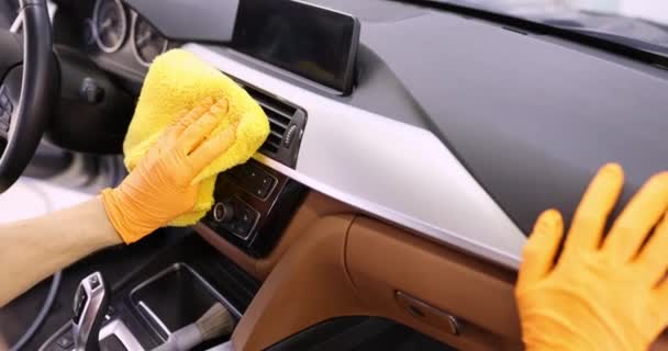 Man Repairman Wiping Car Air Duct Microfiber Cloth Movie Car — Stock Video