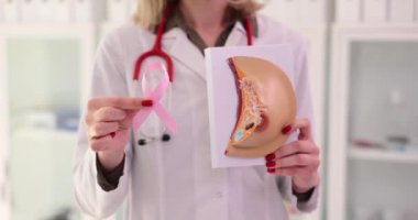Pembe kurdeleli kadın doktor. Göğüs kanseri ve hastalık konsepti