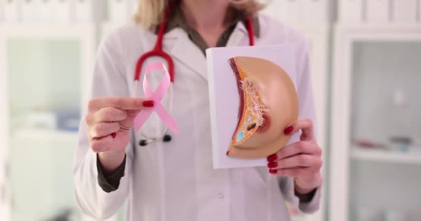 Mammoloog Vrouwelijke Arts Met Roze Lint Begrip Borstkanker Ziekte — Stockvideo