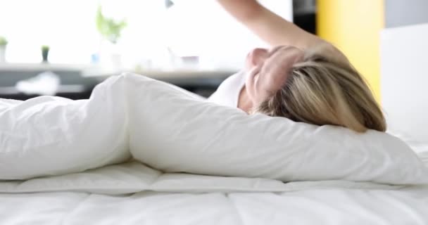 Woman Wakes Looks Alarm Clock Close Being Late Work Negative — Αρχείο Βίντεο