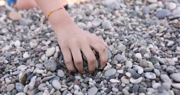 Hands Teenager Picking Pebbles Beach Close Slowmotion Rest Sea Tranquility — Stockvideo