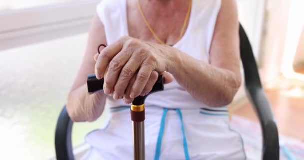 Elderly Woman Leans Cane Close Shallow Focus Care Home Elderly — Stockvideo