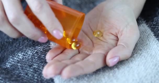 Female Hands Yellow Capsules Jar Close Health Support Medicines Vitamin — 图库视频影像