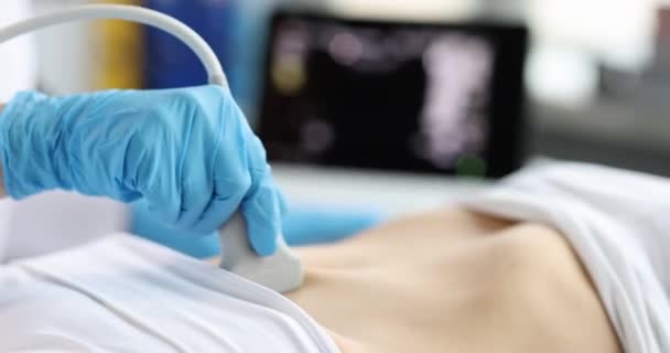 Obstetrician Makes Ultrasound Abdominal Cavity Close Diagnostics Pelvic Organs Medical — Stockvideo
