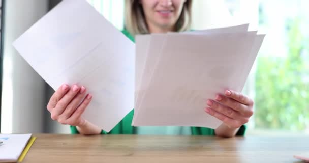 Businesswoman Studying Documents Office Closeup Movie Slow Motion Paper Work — Vídeo de stock
